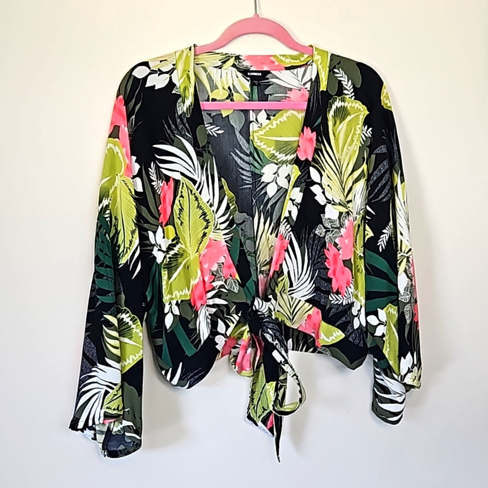 Floral Tie-Front Blouse - Black, Green, Pink
